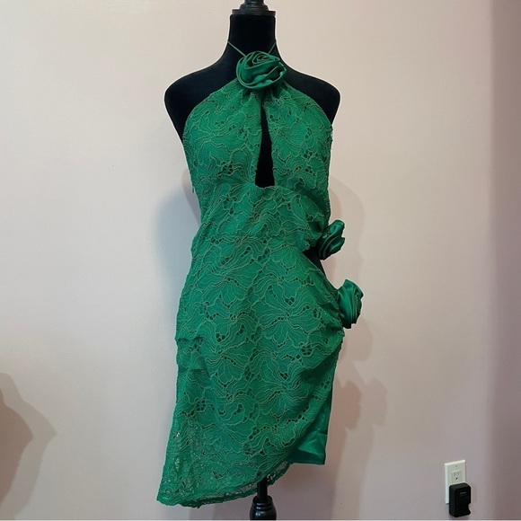 NEW! For Love and Lemon- Green Lace Hatler Neck Casey Mini Dress Cutout Large - Picture 2 of 12